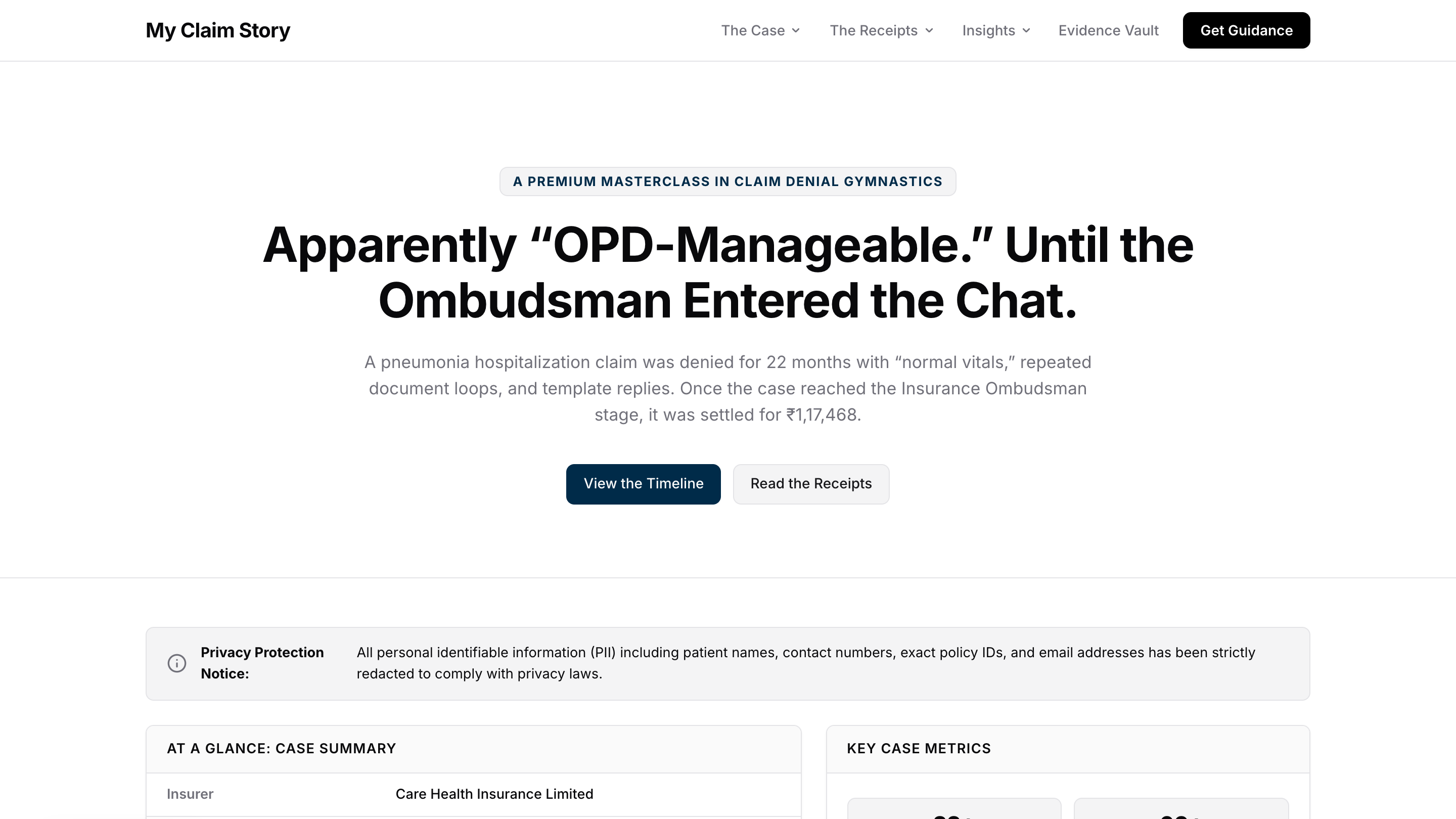 careinsurance.info advocacy site with interactive claim timeline