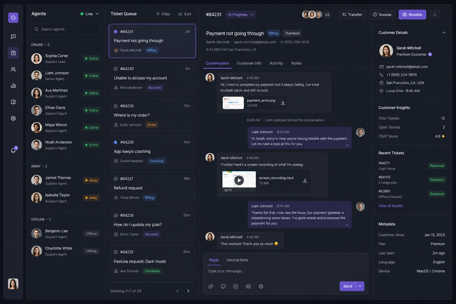 MelodyArc SaaS support dashboard with agent status and ticket context