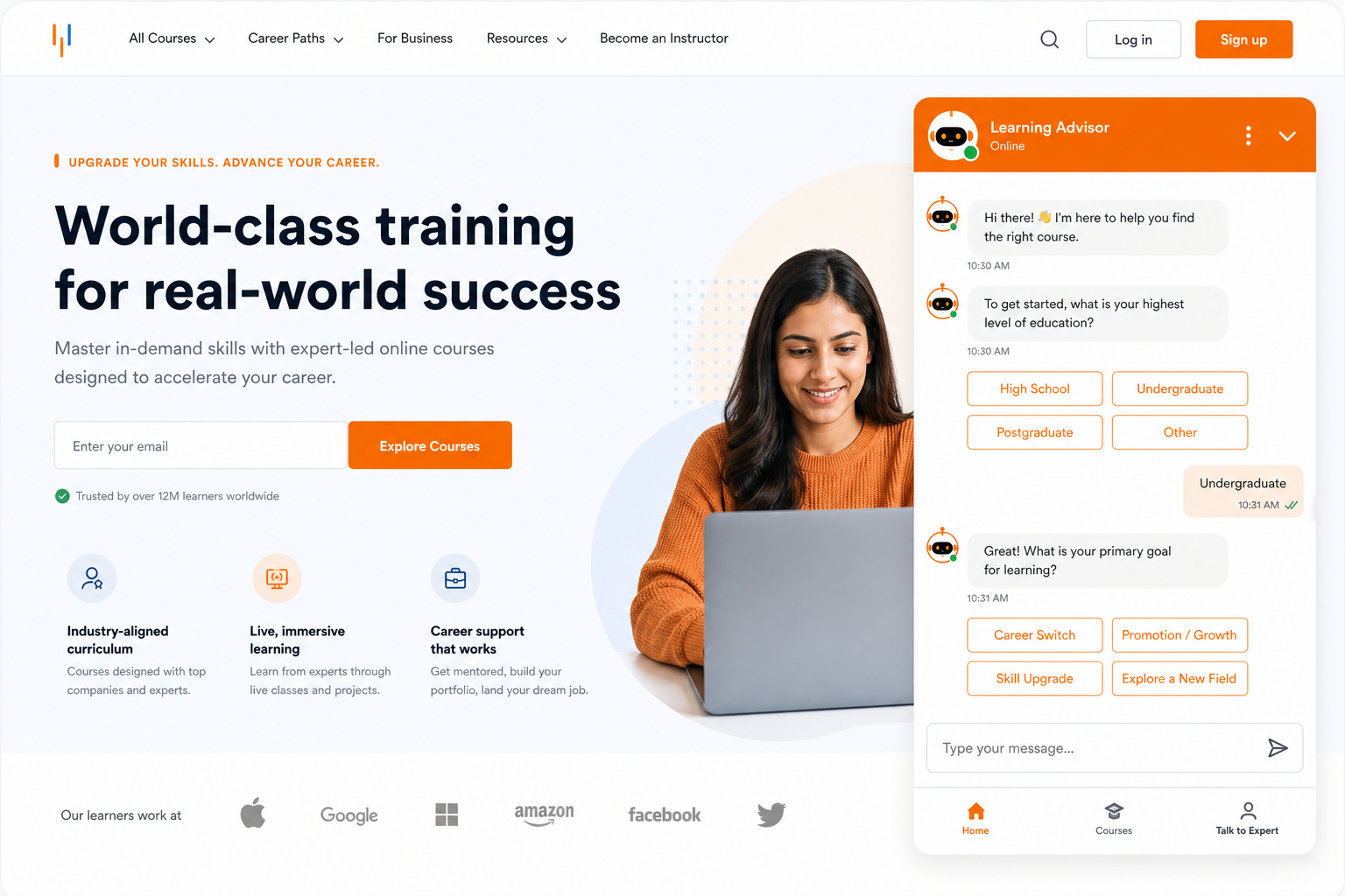 Simplilearn sales chatbot with course selector and PDF download nodes